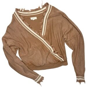 Promesa Tan/Mauve Fringed V-Neck fall Sweater